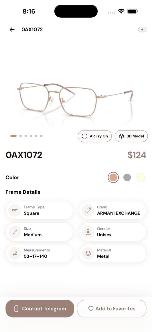 M-Optic virtual eyewear 3D try-on screen with prescription lens customization and frame specifications