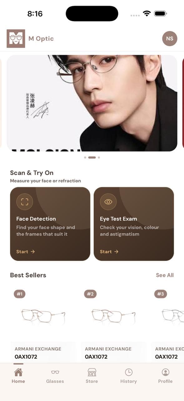 M-Optic mobile app home screen for iOS and Android featuring AR glasses try-on, eye test, and eyewear catalog